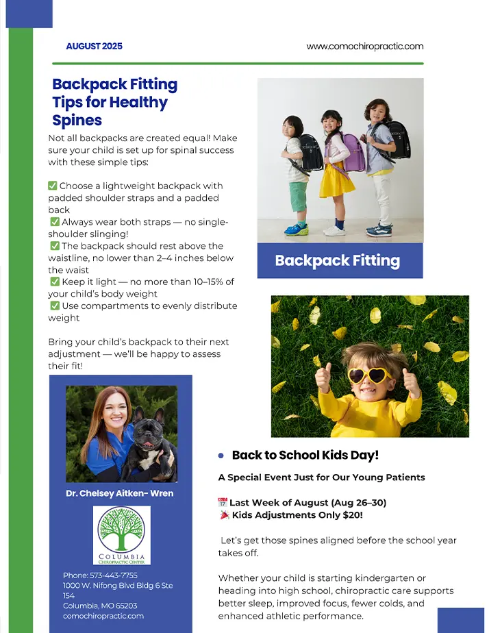 Chiropractic Colombia MO August 2025 Newsletter Part 02 August 2025 Newsletter For Columbia Chiropractic Center Backpack fitting