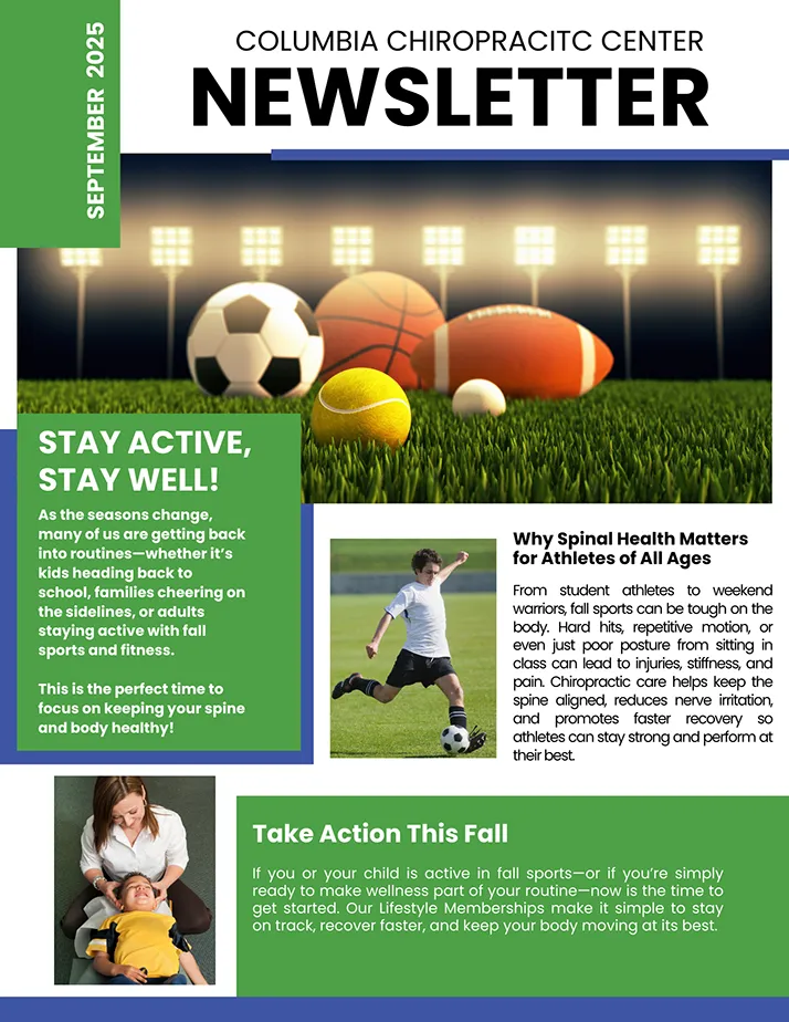 Page 1 of the Columbia Chiropractic Center September 2025 newsletter