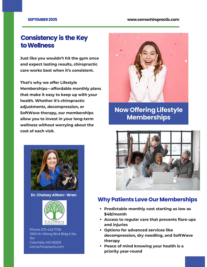 Page 2 of the Columbia Chiropractic Center September 2025 newsletter