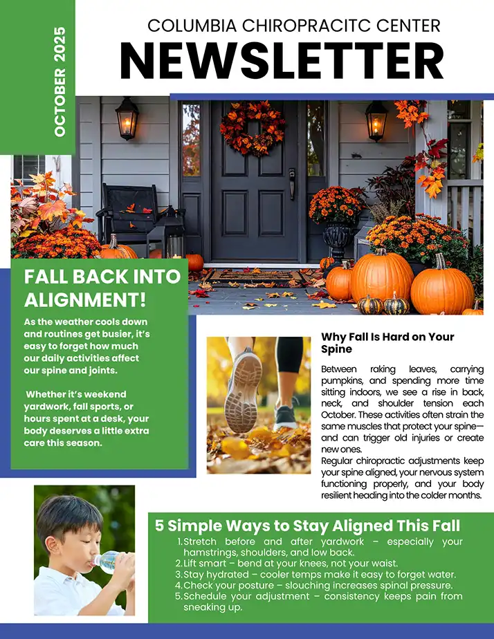 Page 1 of the Columbia Chiropractic Center October 2025 newsletter