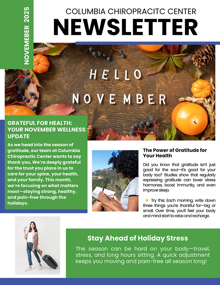 Page 1 of the Columbia Chiropractic Center November 2025 newsletter