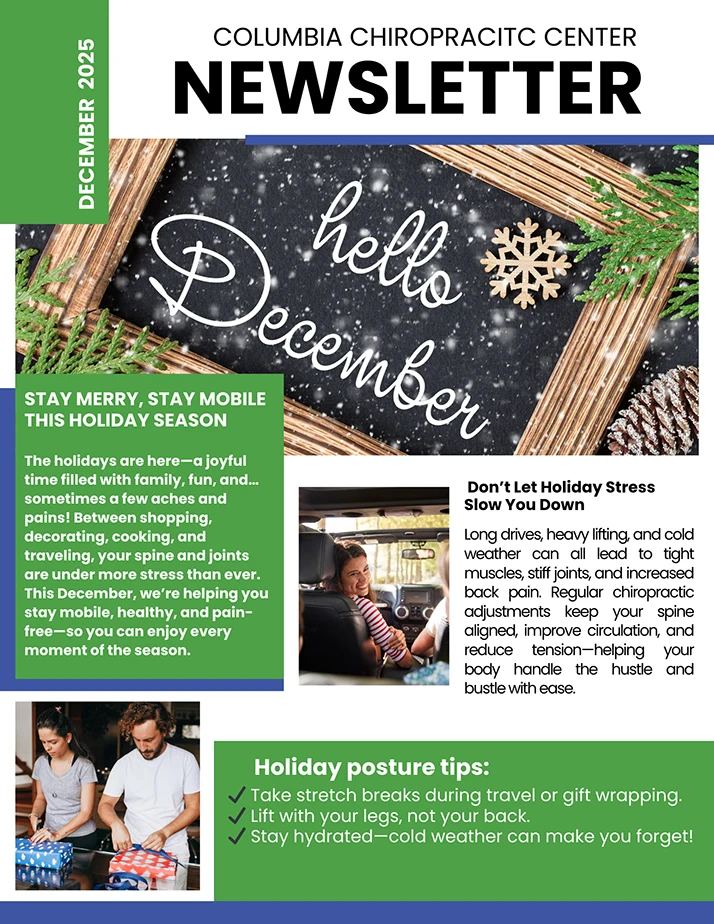 Page 1 of the Columbia Chiropractic Center December 2025 newsletter