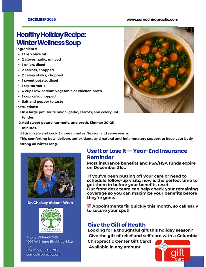 Page 2 of the Columbia Chiropractic Center December 2025 newsletter