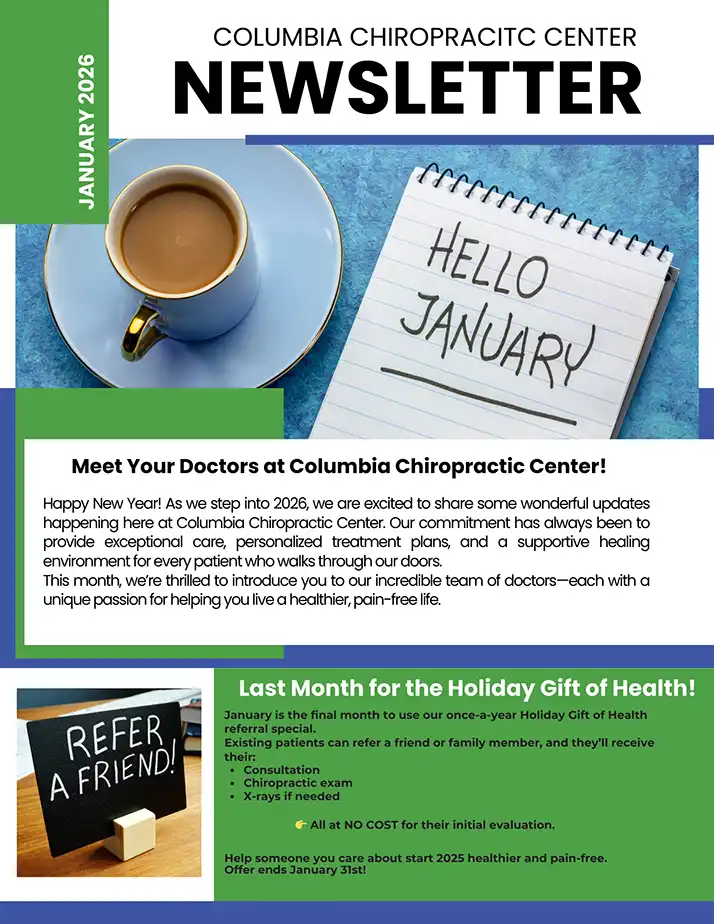 Page 1 of the Columbia Chiropractic Center January 2026 newsletter