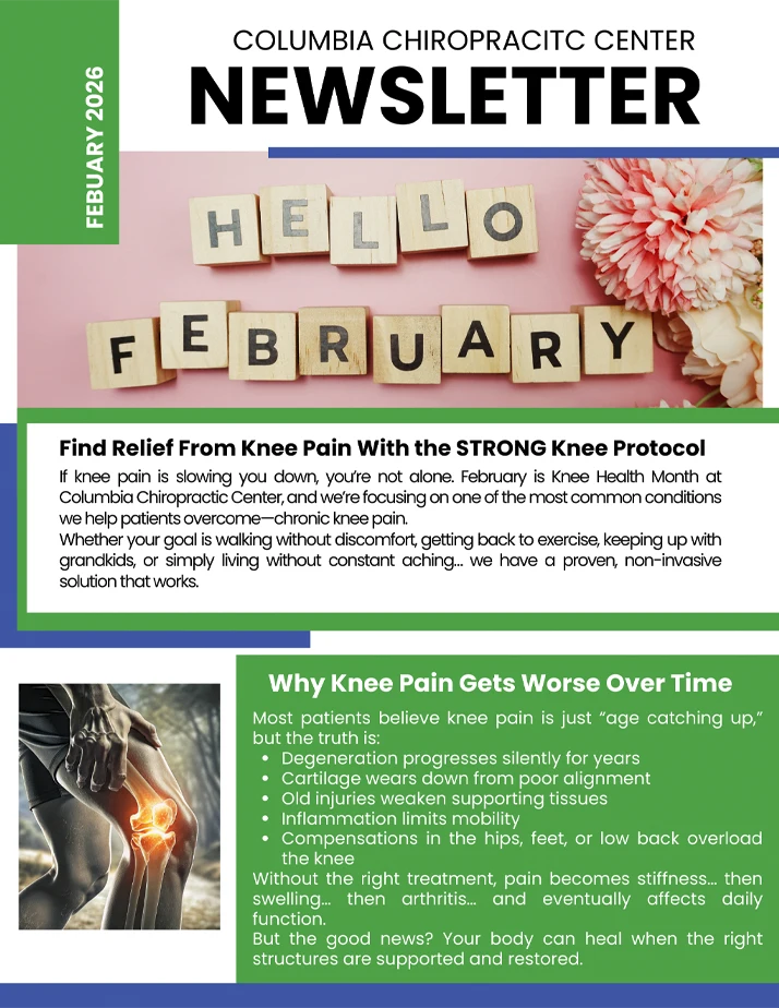 February newsletter highlighting knee pain relief strategies and promoting the STRONG Knee Protocol.