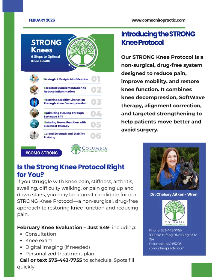 Informational page detailing the STRONG Knee Protocol steps, benefits, and February evaluation offer.
